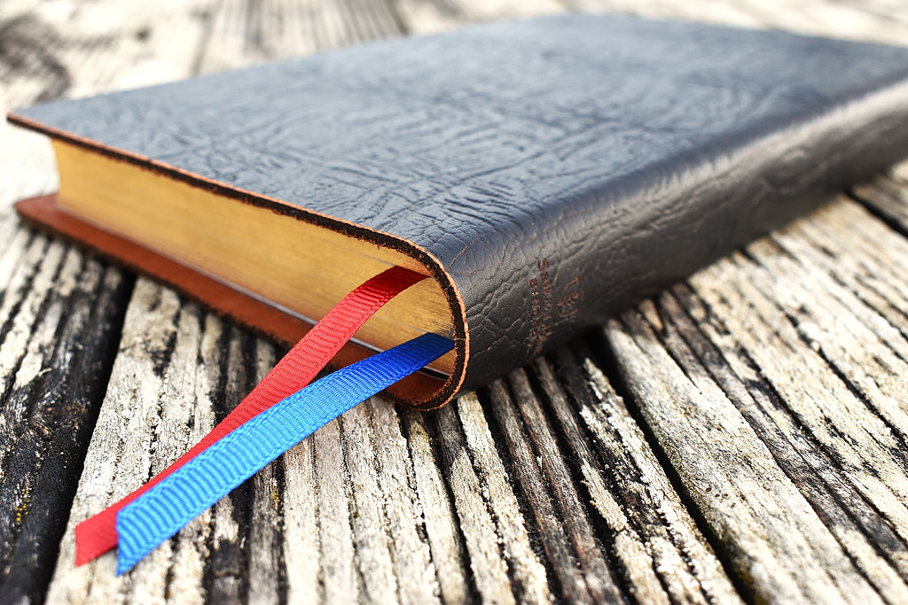 Black handbound custom leather bible by Salt & Light Bindery