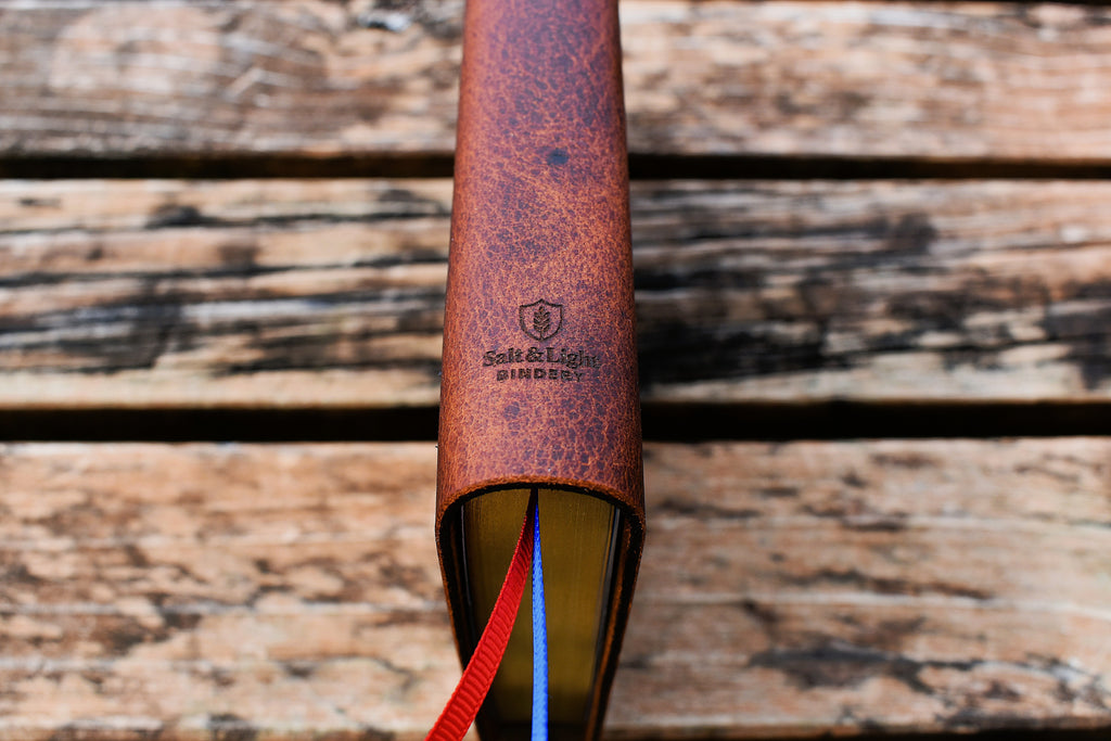 close up of a leather bible spine, made in new zealand